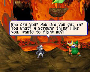 The green evil pig boss taunts Tombi.
